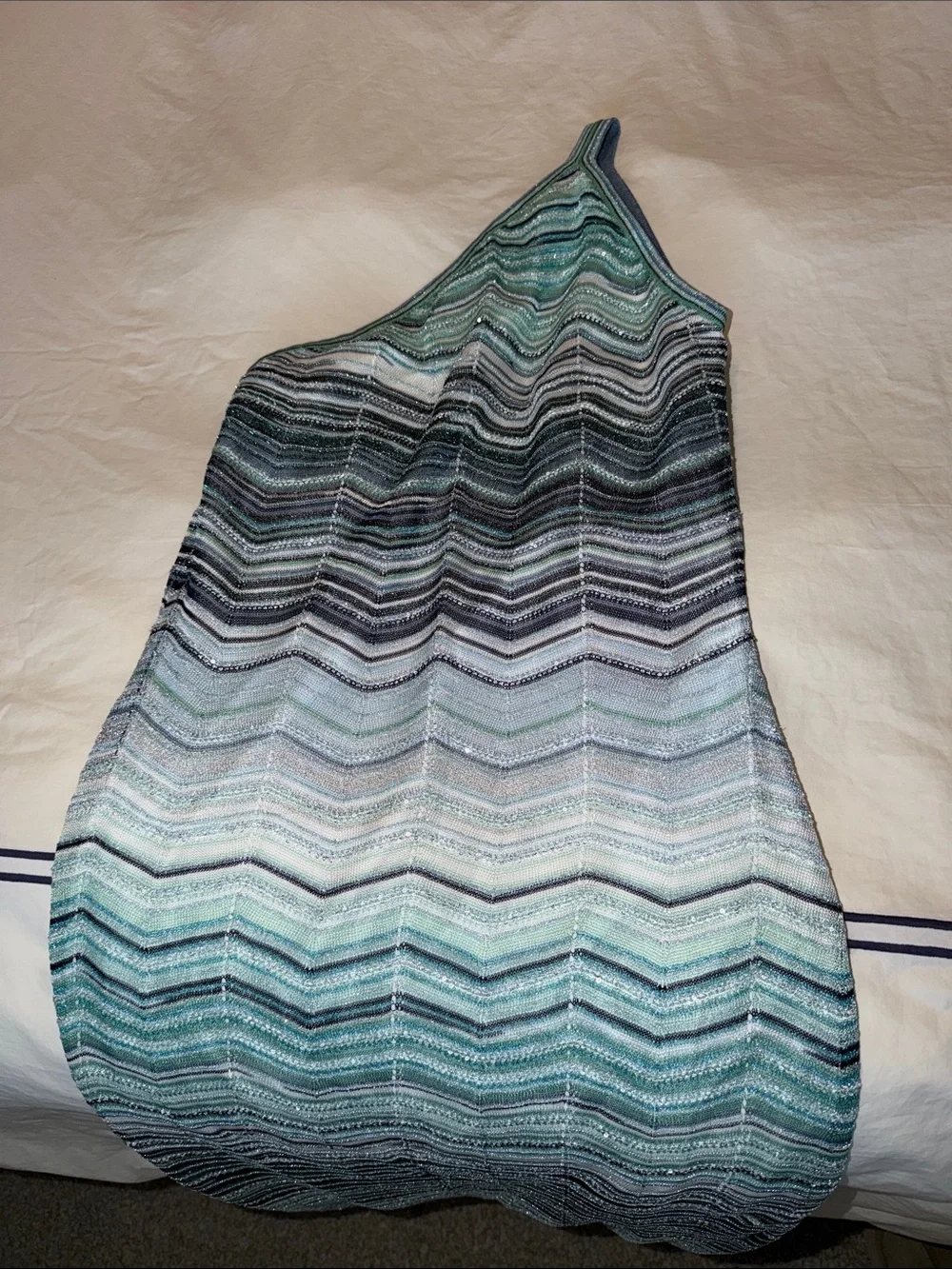 ❌❌MISSONI LONG ONE SHOULDER DRESS WITH CHEVRON PATTERN WITH SEQUINS IN TURQUOISE